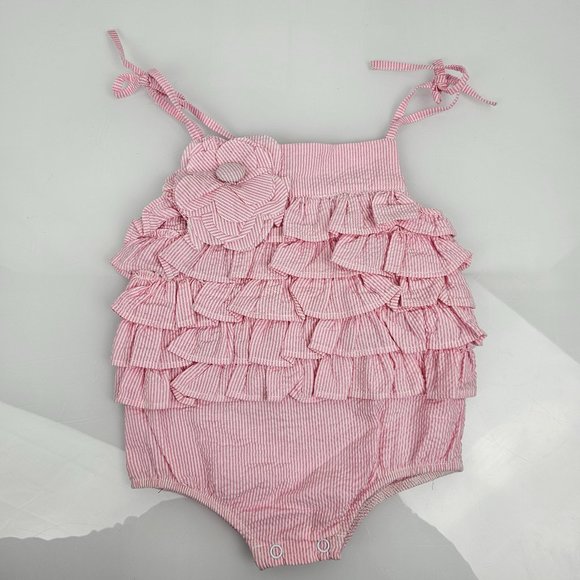 Mud Pie Pink White Seersucker Stripe Bubble Ruffle Tier Romper Summer 12-18 - Picture 1 of 5